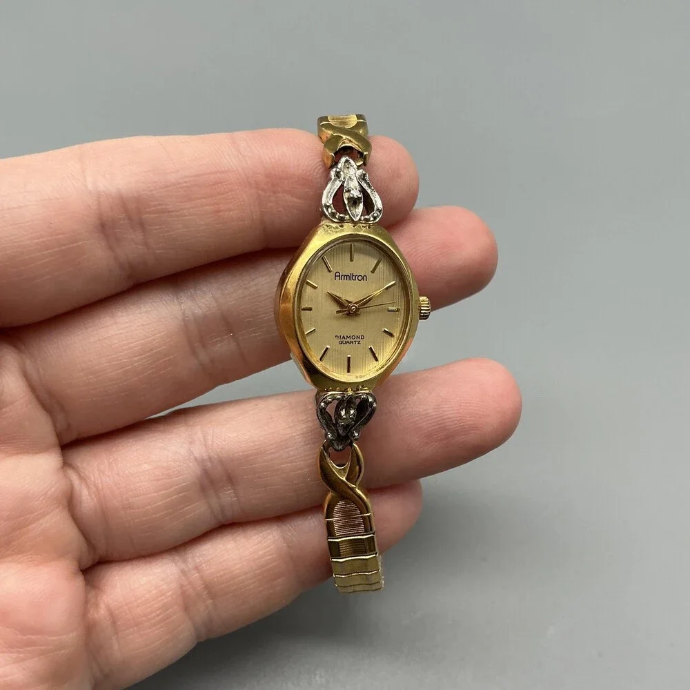 Vtg Armitron Diamond Womens Watch 18mm Champagne Dial Gold Tone New Battery